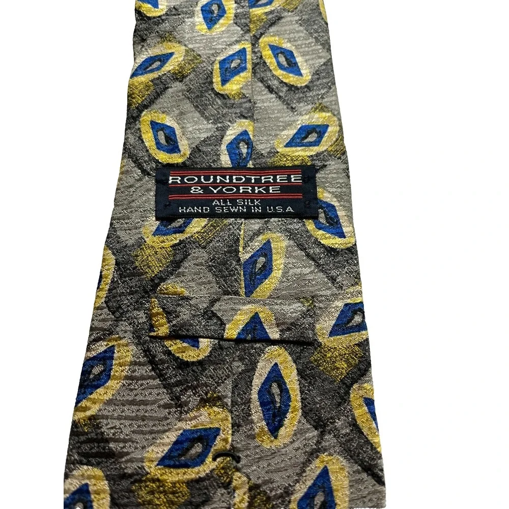 RoundTree‎ & Yorke Men's Accessory Tie Necktie Silk Made USA Gray Yellow Blue
